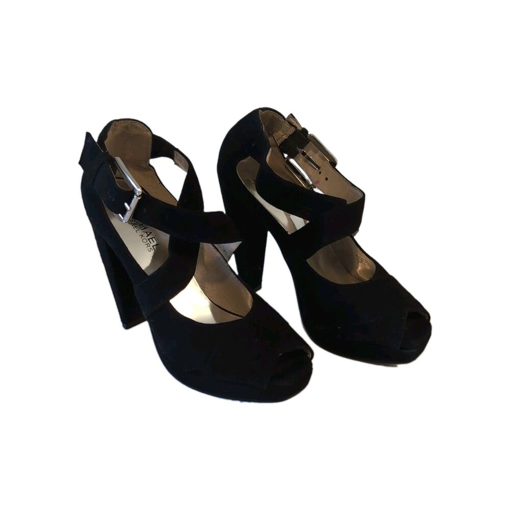 Michael Kors Black Suede Strappy Peep Toe Ankle Strap Block Heels Sz 7M - Picture 3 of 9